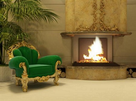 Royal armchair by fireplace in luxury interior